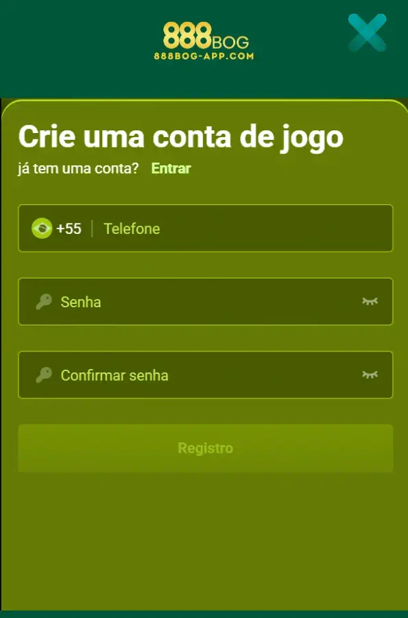 Tela de registro simples do 888BOG cassino